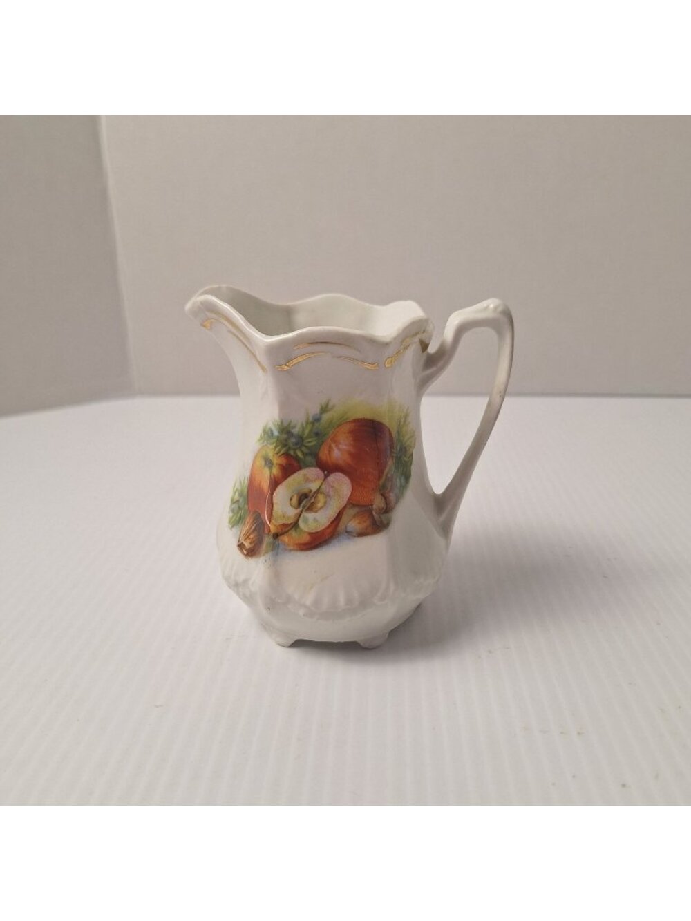 VINTAGE BAVARIA CERAMIC CREAMER/PITCHER FRUIT THEME APPLES NUTS HANDLE GOLD TRIM